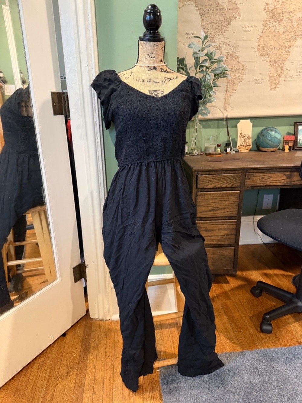 Women’s Black Smocked Jumpsuit with Puff Sleeves